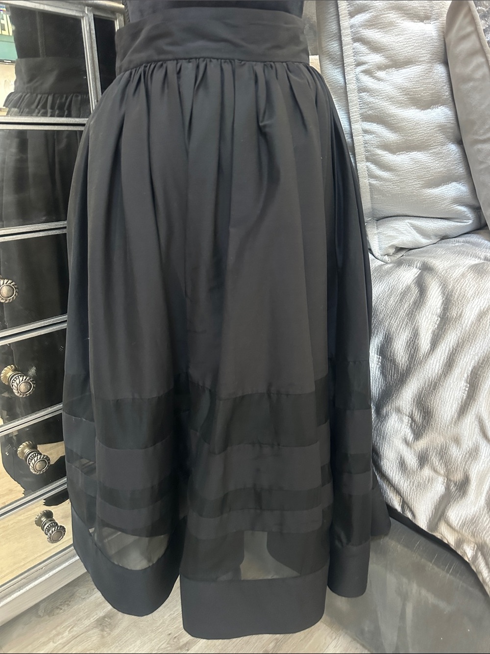 Alice + Olivia Black Midi Skirt with Sheer Band Details